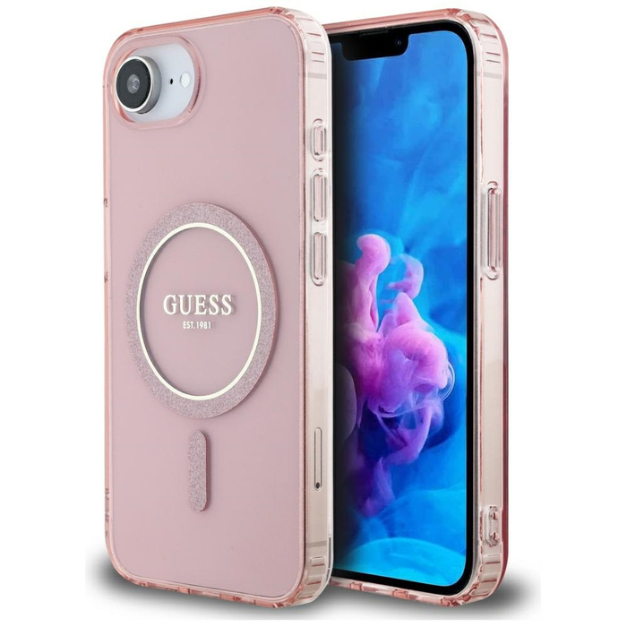 Etui Guess IML Glitter Circle MagSafe do iPhone 16e różowy