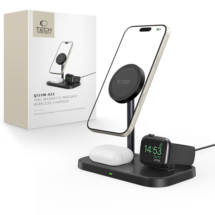 ŁADOWARKA TECH-PROTECT QI15W A22 3IN1 MAGNETIC MAGSAFE WIRELESS CHARGER BLACK